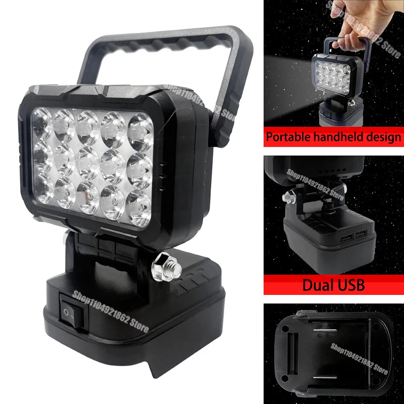 Power Tool Parts for Makita for Milwaukee for Dewalt 18V Lithium Battery LED Work Lights Lamp Hand Lantern Spotlight USB Charger