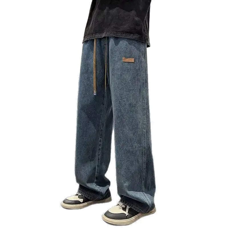 Men's Y2K Baggy Jeans Drawstring Elastic Waist Washed Denim Pants Straight Leg Wide Leg Streetwear Loose Fit Trousers