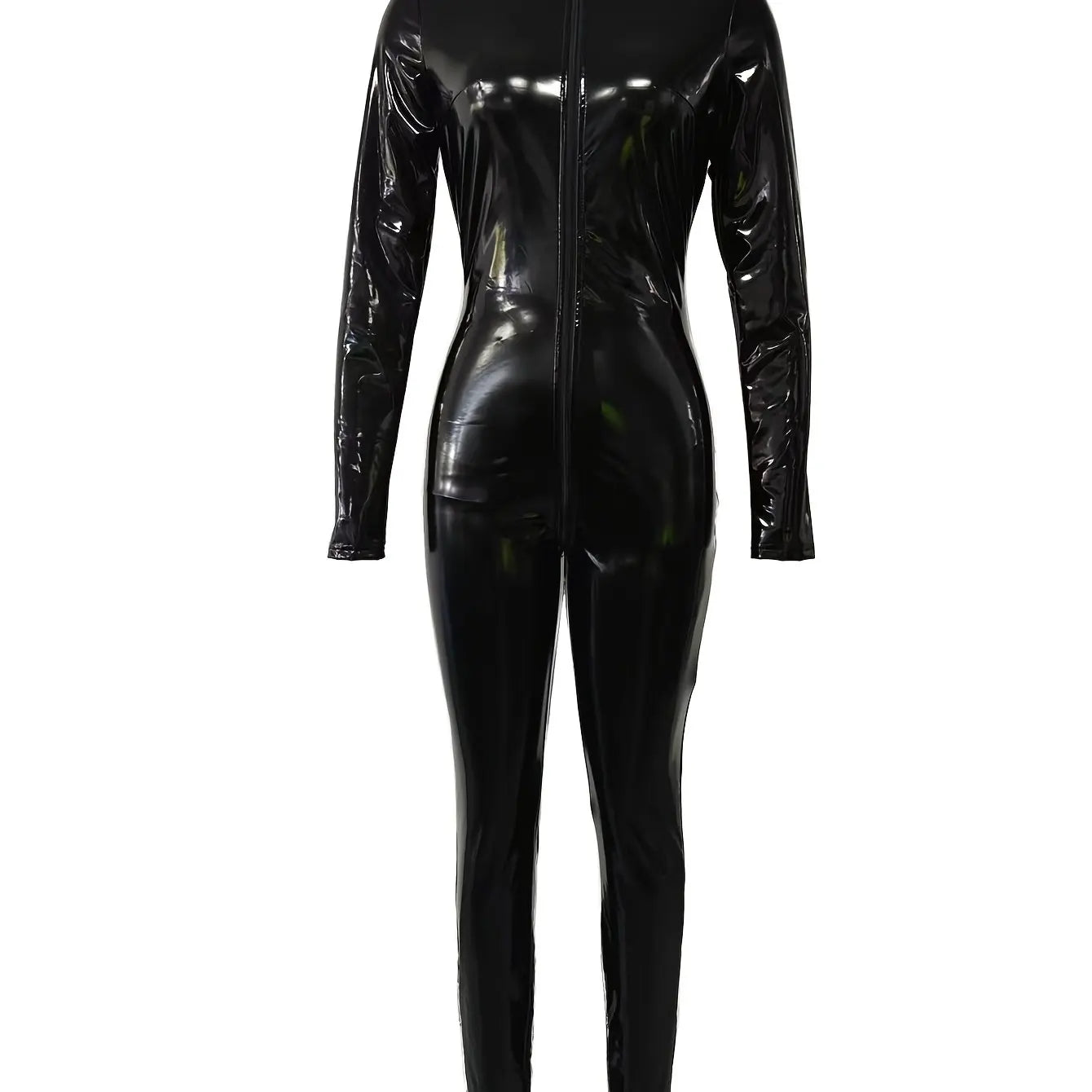 Women's Sexy Glossy Elastic PU Tights Turtleneck Front Zipper Open Women's Imitation Leather Catsuit Jumpsuit Bodysuit
