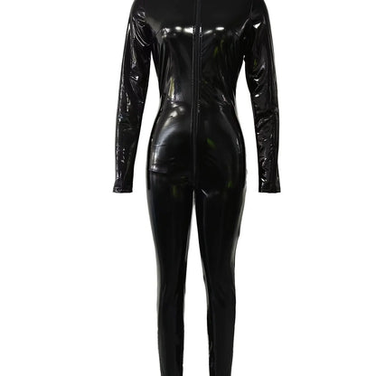 Women's Sexy Glossy Elastic PU Tights Turtleneck Front Zipper Open Women's Imitation Leather Catsuit Jumpsuit Bodysuit