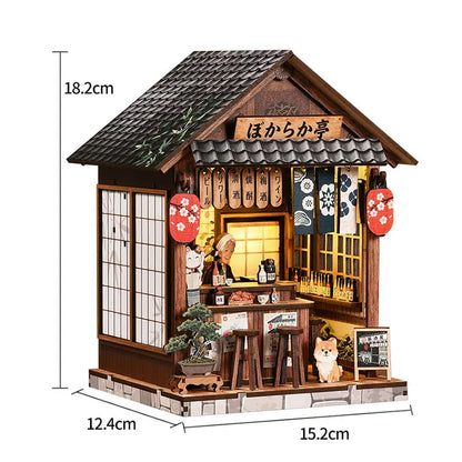 DIY Miniature Dollhouse Kit Japanese Sakura Greenhouse with LED Light Included 3D Wooden Puzzle of Furniture Decor Craft Gifts