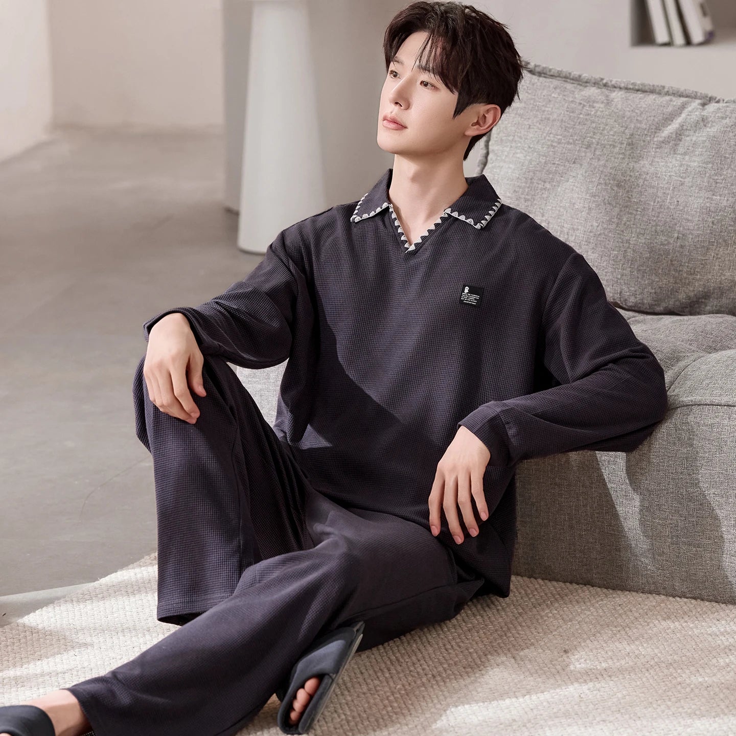 100% Pure Cotton Sleepwear Long Sleeve Collared Casual Home Clothes Set for Men Spring Autumn Seasonal Comfortable Leisure Ou...