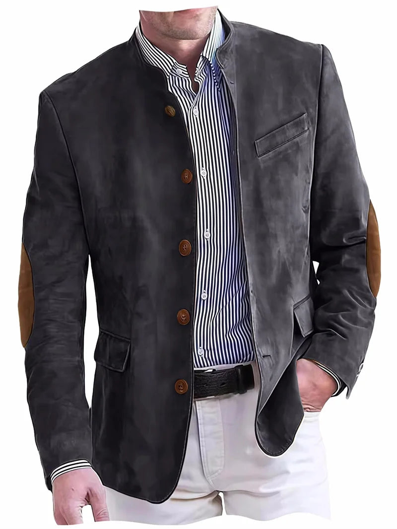 Men's Casual Blazer Flannel Suit Jacket With Elbow Patches Band Collar Brown Button Daily  Casual Slim Fit Customized Business