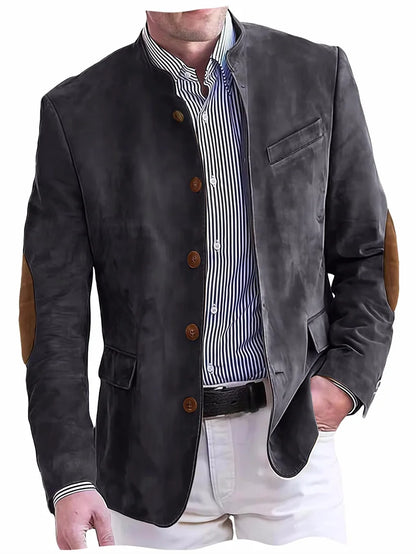 Men's Casual Blazer Flannel Suit Jacket With Elbow Patches Band Collar Brown Button Daily  Casual Slim Fit Customized Business