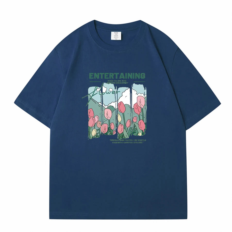 WAVLATII Women New Comics Flowers Printed T shirts Female Beige Streetwear Summer Tees Lady Casual Short Sleeve Tops WT2329