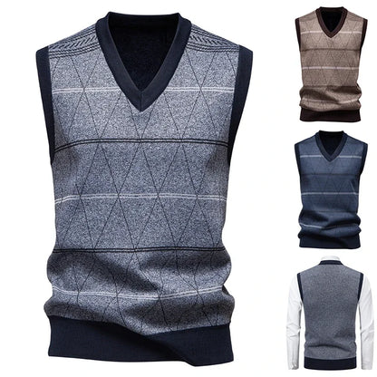 2026 Men's V-neck Knitted Sweater Warm Autumn Winter Diamond Grid Twisted Flower Casual Fashion Versatile Knit Top
