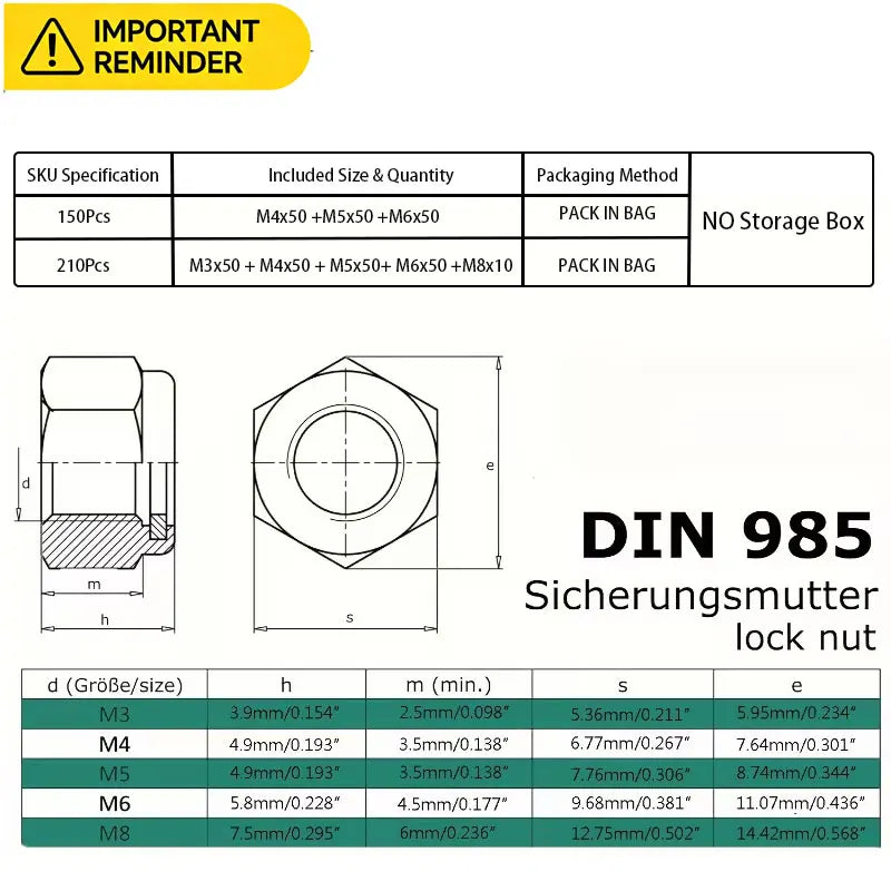 210/150pcs Stainless Steel Hex Lock Nuts, Anti-Slip Self-Locking M3-M8/M4-M6 Assortment for industrial/construction/Automotive