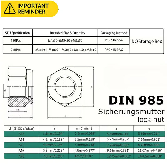 210/150pcs Stainless Steel Hex Lock Nuts, Anti-Slip Self-Locking M3-M8/M4-M6 Assortment for industrial/construction/Automotive