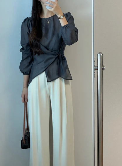 Spring 2026 Chic Korean Style Women's Long Sleeve round Neck Overhead Shirt Loose Fit Slimming Versatile Fashionable Top