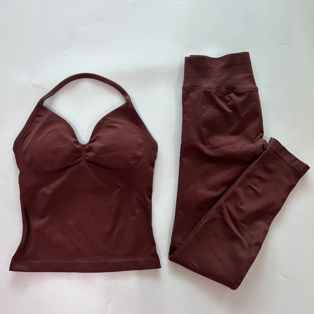2 Pieces Sports Set Women Backless Tank Yoga Tops High Waist Scrunch Seamless Shorts Sport Gym Set Sportswear Workout Set