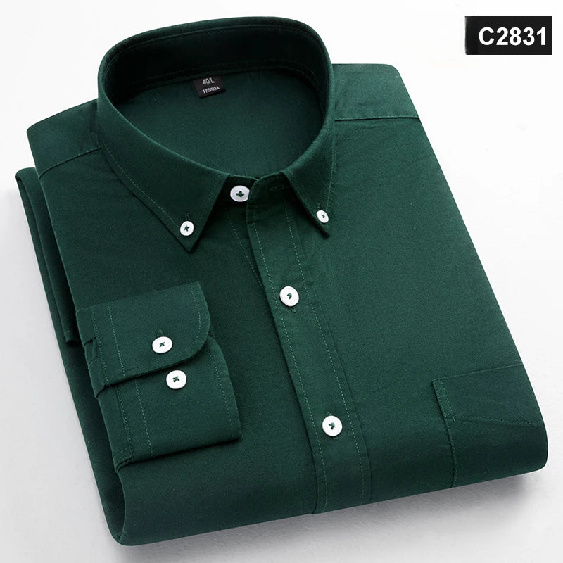 Classic Fit Fashion 100% Cotton Long-Sleeve Shirt for Men Single Pocket Slim Fit Casual Top Soft Oxford Solid Color Office Cloth