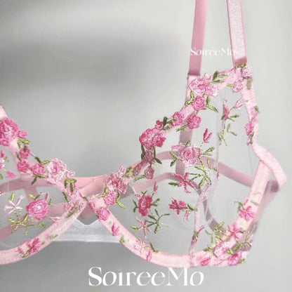 Elegant French Lace Bra Set Women Floral Embroidery Soft Underwire Ultra Thin Large Bust Support Sheer Mesh Lingerie BANERDANNI