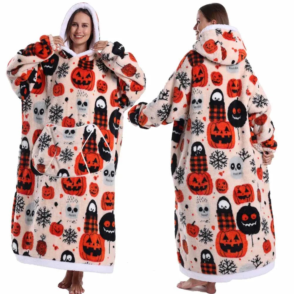 Women Hoodies Fluffy Warm Black Grey Long Sleeve Top Halloween Pumpkin Skull Ghost Hoodie Blanket Oversized Adult Winter Clothes