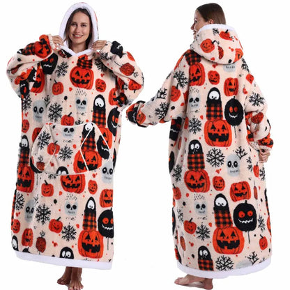 Women Hoodies Fluffy Warm Black Grey Long Sleeve Top Halloween Pumpkin Skull Ghost Hoodie Blanket Oversized Adult Winter Clothes
