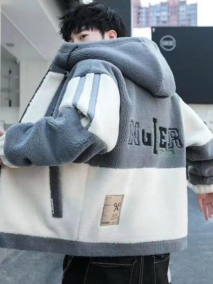 Winter New 2023 Sheepskin Fleece down Cotton Jacket Loose Fit Hooded Large Size Youth Warm Couple Style Outerwear Coat
