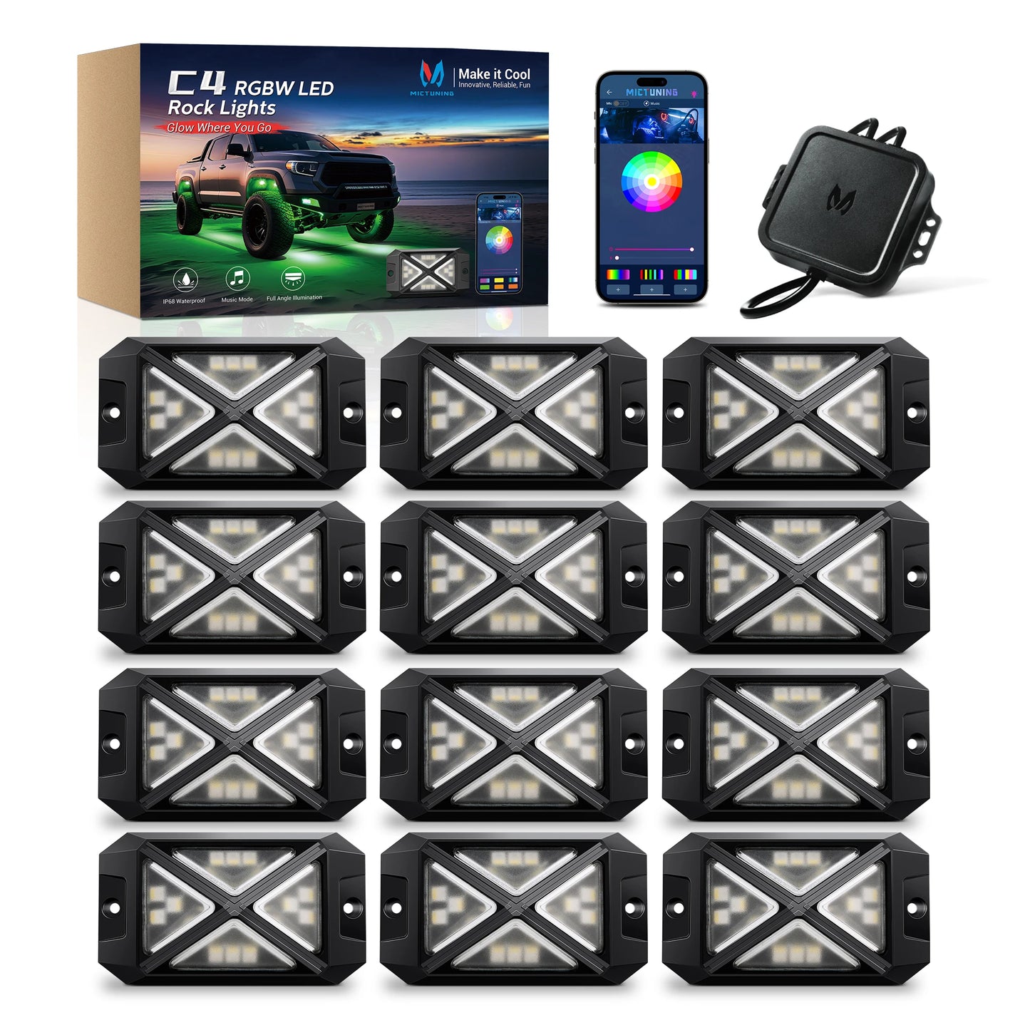 C4 RGBW LED Rock Lights,IP68 Waterproof 16 Pods 360° Ultra-Bright  4-Sided Wide Beam Angle Underglow Neon Accent Lighting Kit