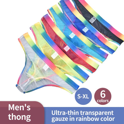Transparent Mesh Men's Thongs with Rainbow Waistband - Sexy Breathable Underwear Perfect for Special Nights & Casual Use