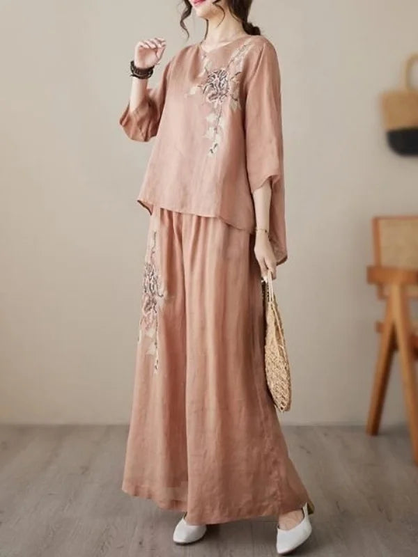 plus Size Women's Retro Cotton Linen Set Wide Leg Pants Slimming Mom Two Piece Suit Spring Fashion Korean Style Commute Wear