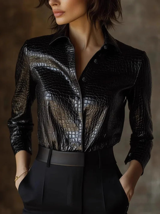 Elegant Long Sleeve PU Leather Shirt Women's Black Button up Snake Skin Pattern Fashionable Top for Autumn Winter