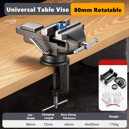 Universal Table Vise Multi-functional Portable 360° Swivel Base Clamp On Vice/Table Vise For Woodworking, Cutting Conduit, Drill