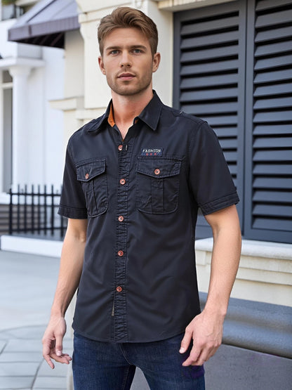 Men's military-style short-sleeved shirt, 100% cotton, multi-pocket design, lightweight and comfortable