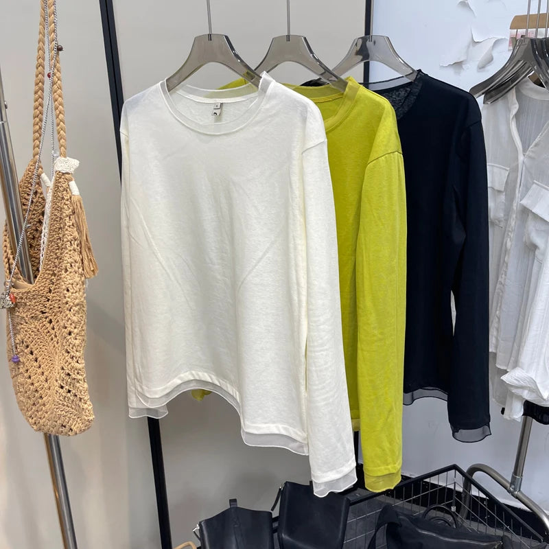 Spring New plus Size round Neck Mesh Splice Loose Long Sleeve Base Shirt Women Fat MM Slimming Belly Cover Simple T-shirt