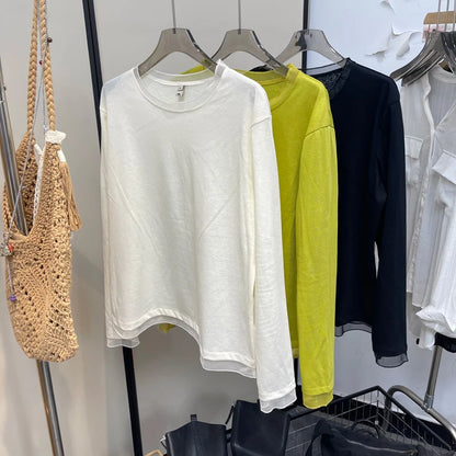 Spring New plus Size round Neck Mesh Splice Loose Long Sleeve Base Shirt Women Fat MM Slimming Belly Cover Simple T-shirt
