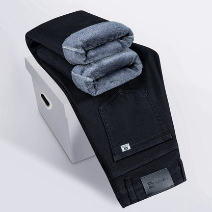 Winter Fleece Thickened Warm Men's Jeans Retro Blue Velvet Straight Leg Length Nine-point Denim Trousers Lined Wool  Pants