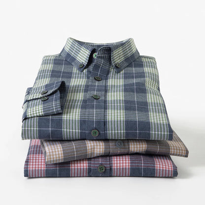 Premium Lyocell Fabric New Fashion Slim Fit Mens Shirts Checkered Business Breathable Plaid Casual Button Down Long Sleeve Top