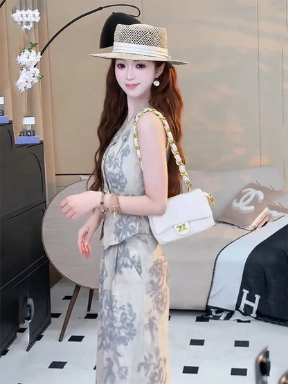 Retro Money Style Women's Summer New Design Sleeveless Outerwear Tank Top High Waist Casual Pants Two-Piece Set Trendy