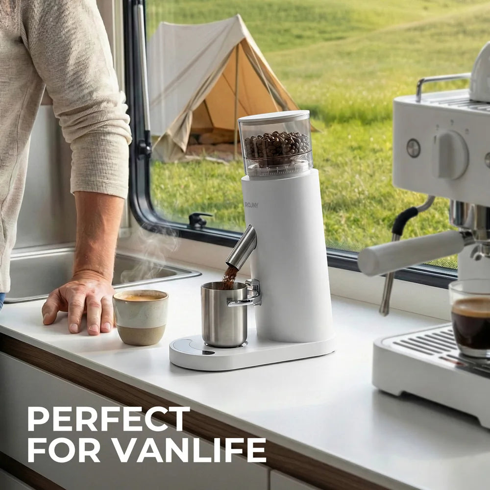 ROUNY USB-C Rechargeable Coffee Grinder 60 Settings, 41mm Stainless Steel Burr, LED Touch, Cordless Portable, White