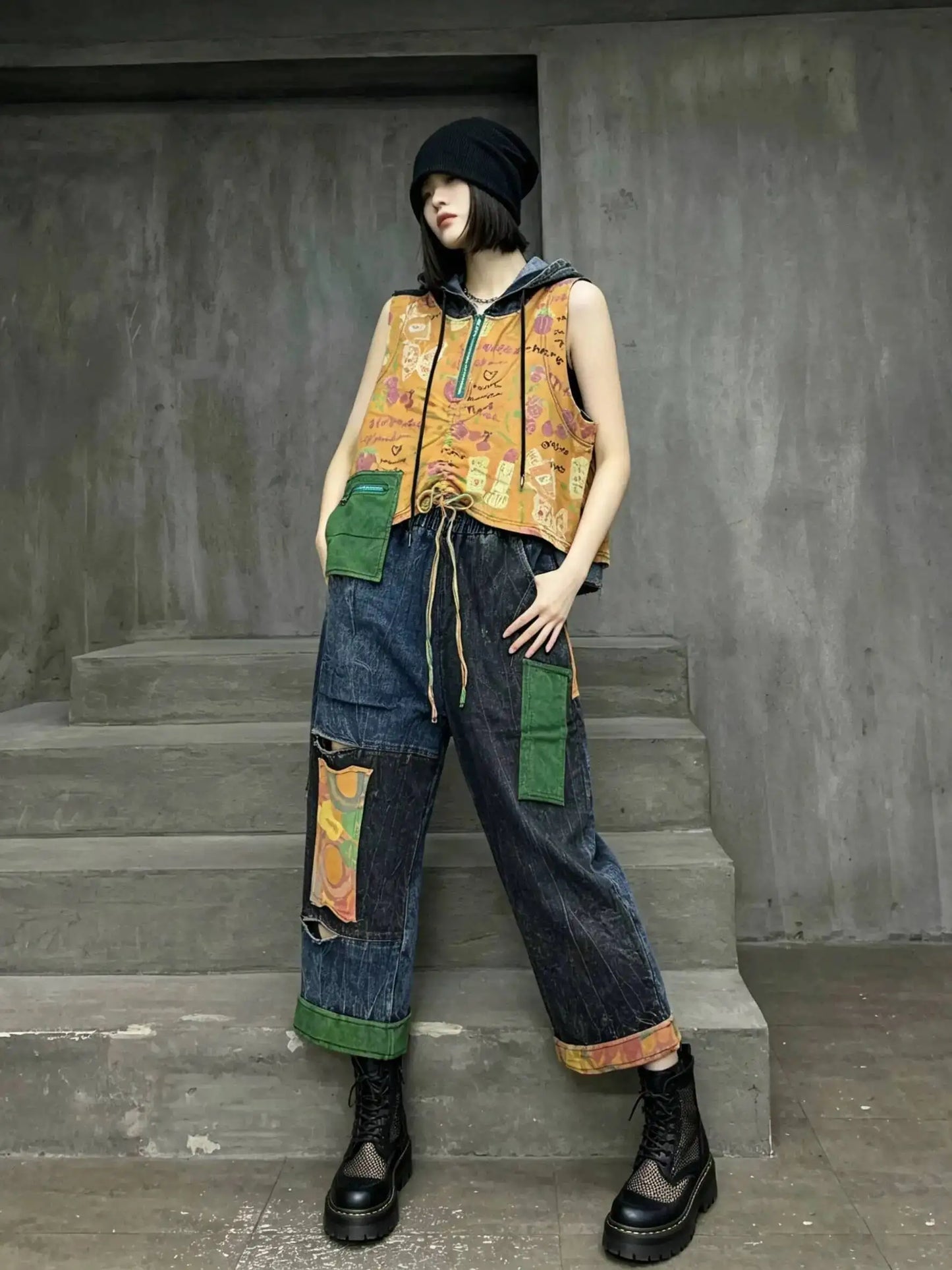 Distressed Color-blocked Denim Patchwork Hooded Vest + Jeans Two-piece Set Women 2026 Summer Stylish Fashion Suit XY324