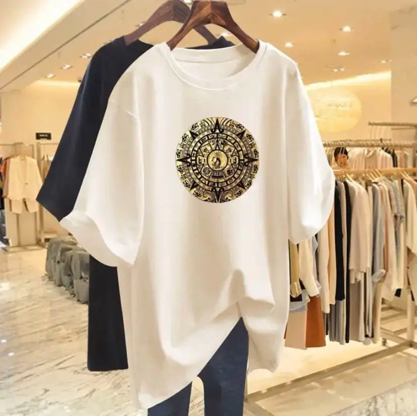 Women Fashion Pure Cotton Y2k Short Sleeve T-shirt Summer Casual Loose Paisley Printing Top Tee Office Lady Basic Pullover M-6XL