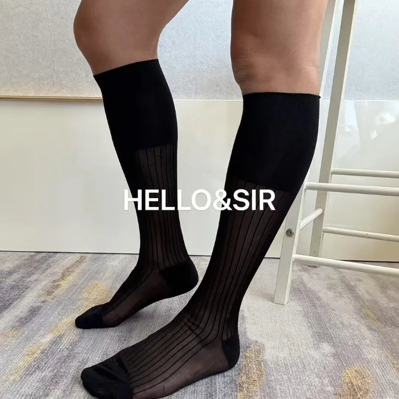 Men's Knee High Formal Socks Long Gentleman Stockings Soft Elastic Nylon Business Dress Socks for All Seasons Solid Color Party