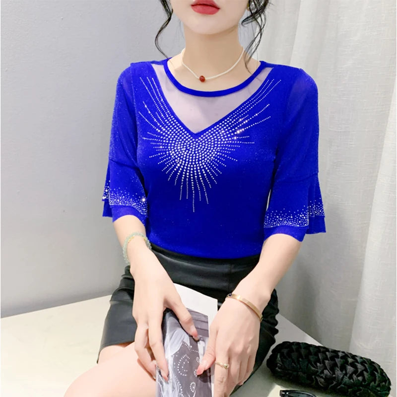 Sexy Hollow out Mesh Seven Quarter Sleeve Fashion Trend Summer T-Shirt Women Slimming Versatile Top Half Sleeve Small Shirt