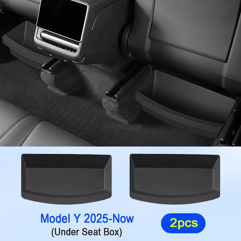 Under Seat Storage Box Organizer for Tesla Model Y Juniper 2025 2026 Underseat Storage Tray Bin Trash Can Car Travel Accessories