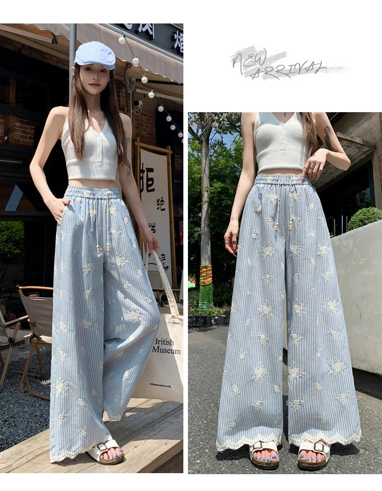 Vintage Blue Striped Embroidered Wide-leg Pants Women's Summer 2026 High-waisted Lace Stitching Casual Straight Trousers Popular