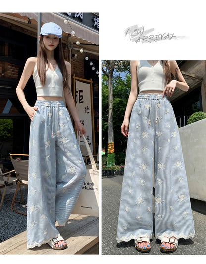 Vintage Blue Striped Embroidered Wide-leg Pants Women's Summer 2026 High-waisted Lace Stitching Casual Straight Trousers Popular