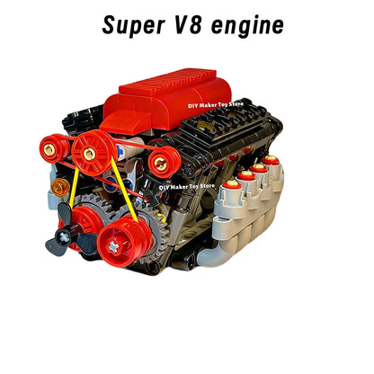 MOC Super V8 Engine Simulation Model Building Blocks Technology Car Parts 6 Speed Gearbox Power Motor Battery Box Boys Toys Gift