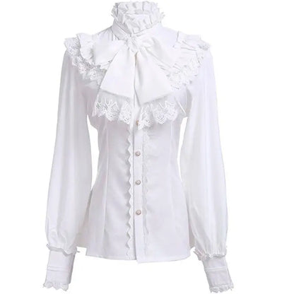 2026 Summer New Arrival Women's Vintage Ruffle Collar Shirt High Neck Lace Trim Button Down Shirt Elegant Gothic Blouse Tops