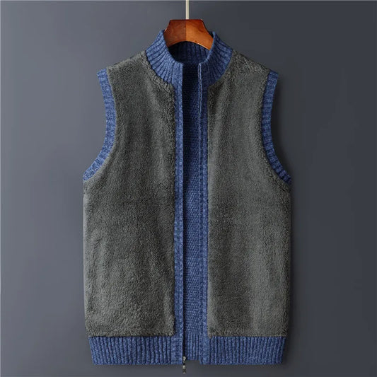 Winter Vest Men Sweater Zipper Warm Thick Male Cardigan Clothing Fleece Wool Liner  Sleeveless Jackets Vintage Black Red