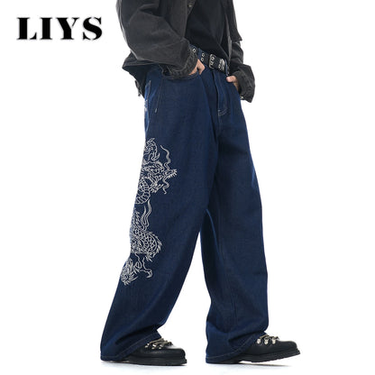 LIYS New Men's Blue Baggy Dragon Embroidered Wide Leg Jeans Spring Summer Classic Blue Baggy Washed Denim Pants Unisex Clothing