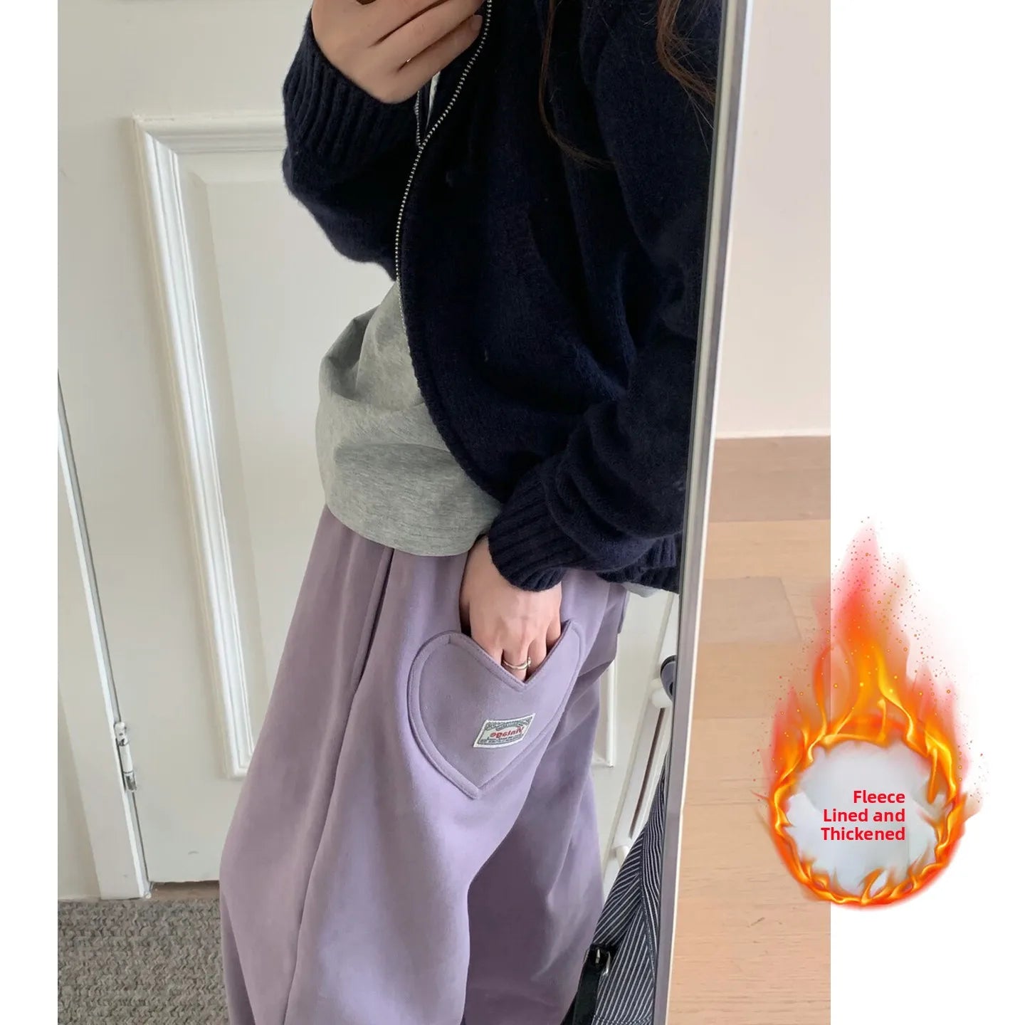 Fleece Lined Wide Leg Pants Korean Style Casual Heart Pocket Sweatpants Loose Thickened Casual Pants for plus Size Women