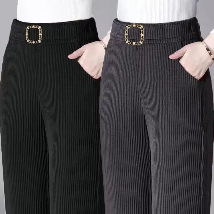 plus Size Flared Pants for Women Autumn Winter Fce Lined Casual High Waist Nine Points ket Pants for Middle-Aged Mothers
