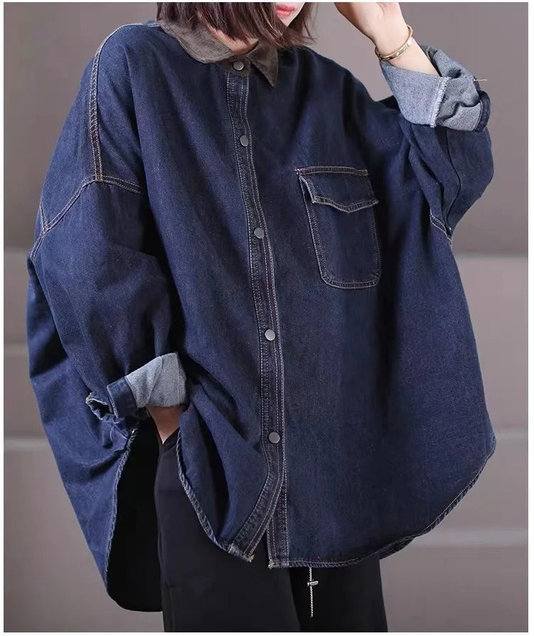 Loose Fit Women's Korean Style Corduroy Denim Shirt Jacket  Collar Splicing Oversize Outerwear Commute Fashion