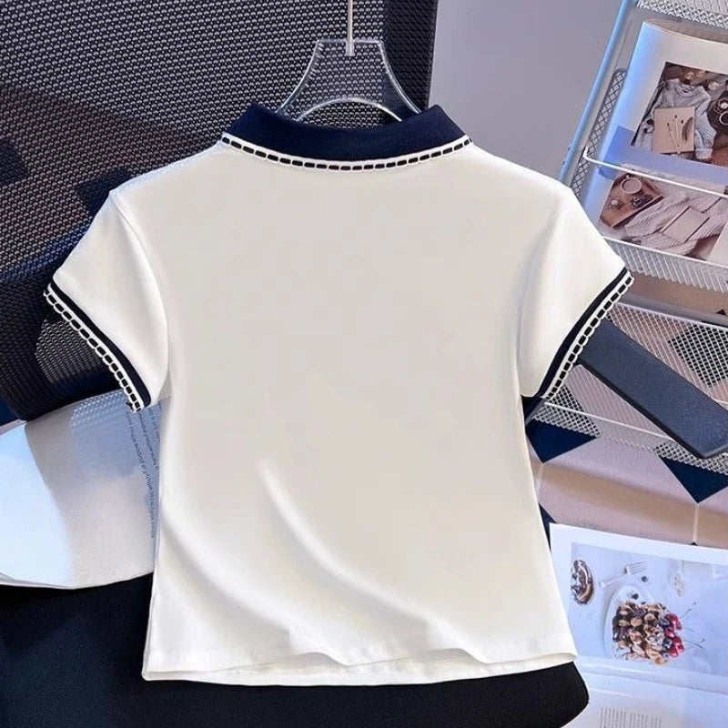 Women's Summer Straight Shoulder Cotton Polo Collar Short Sleeve T Shirt Color Block Slim Fit Slimming Short Top