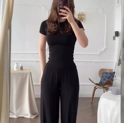 Slimming round Neck  Color Top Wide Leg Pants Fashionable Two Piece Set Summer New Style Casual Wear Polyester Fiber