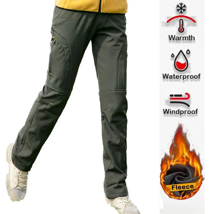 Women's Winter Casual Outdoor Fleece-Lined Pants with Belt, Windproof, Wear-Resistant, Water-Repellent, Multi-Pocket, Suitable for Daily Work and Outdoor Activities
