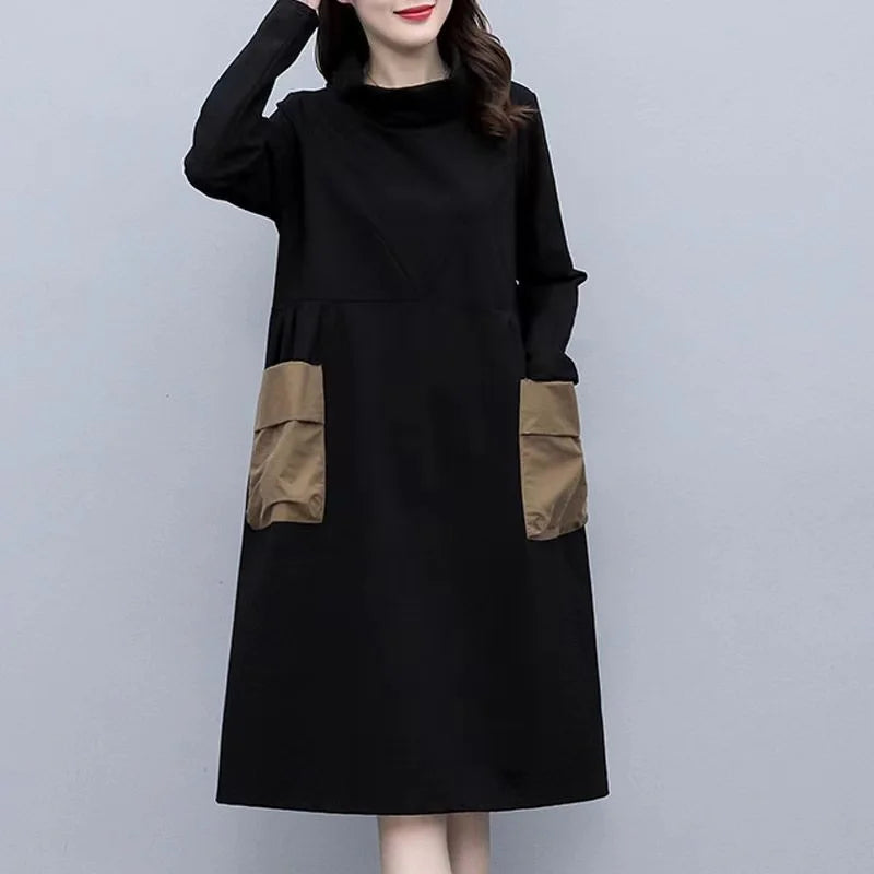 Thickened Fleece Warm Winter Dress for plus Size Women Half High Collar Sleeve Long Mid-Length Straight Cut High Waist Style