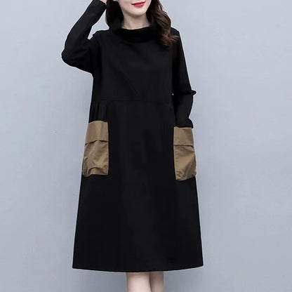 Thickened Fleece Warm Winter Dress for plus Size Women Half High Collar Sleeve Long Mid-Length Straight Cut High Waist Style